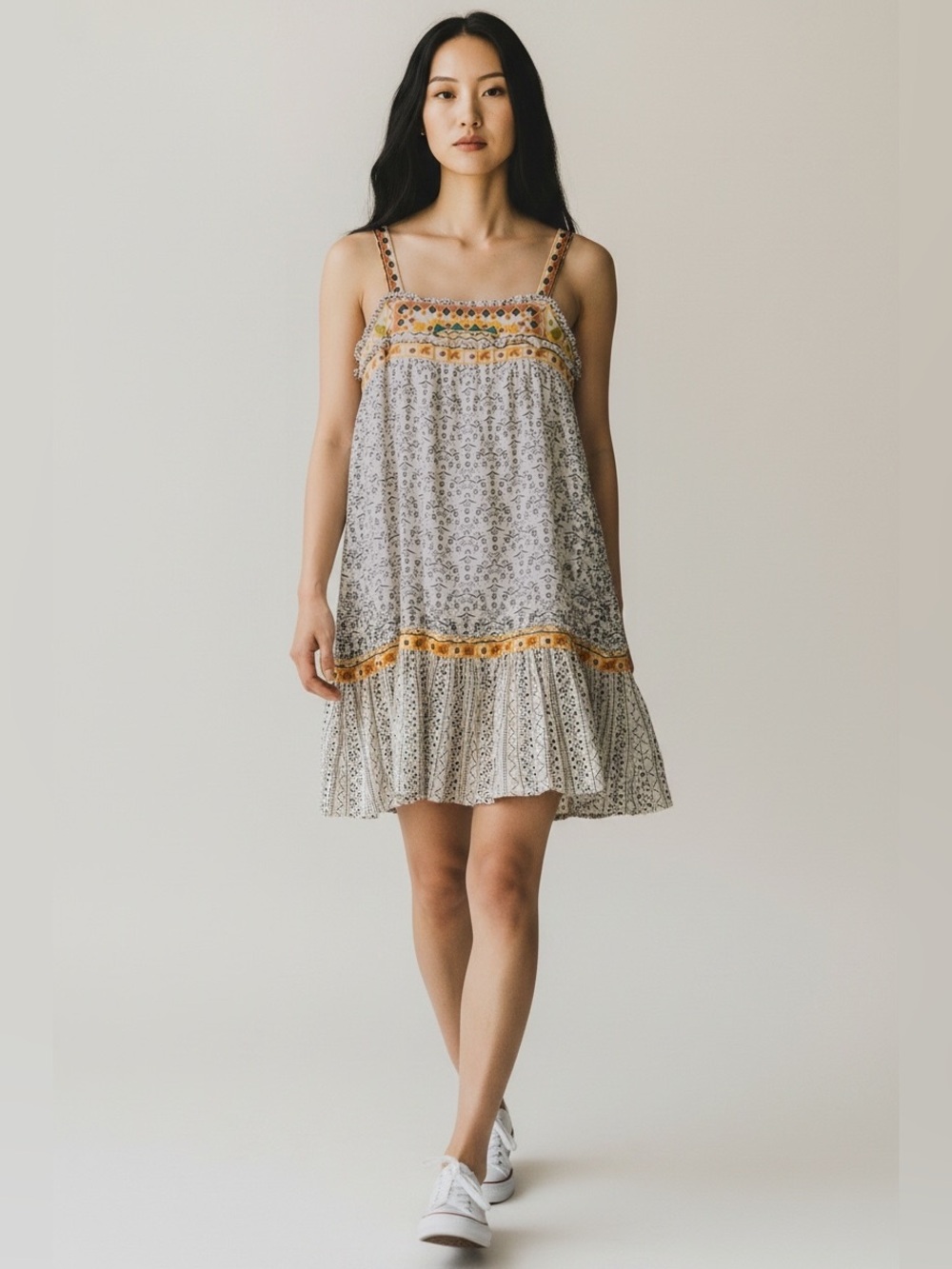 Free People Boho Embroidered Mixed-Print Lace-Up Mini Dress- Tan- XS- MSRP $168